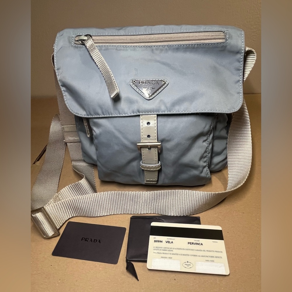 Prada blue nylon triangle logo vela crossbody bag - Picture 1 of 15